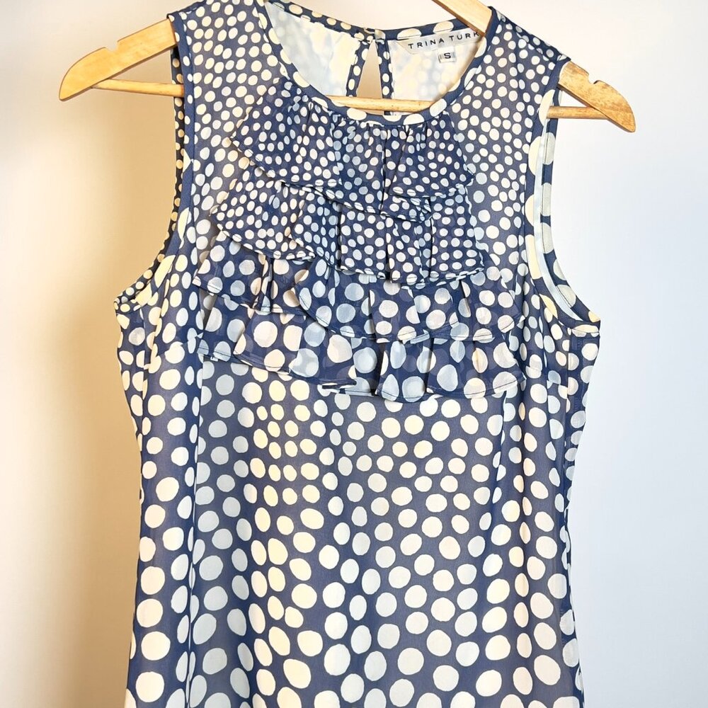 Trina Turk Tank Top Sleeveless White and Blue Polka Dots with Ruffles size S